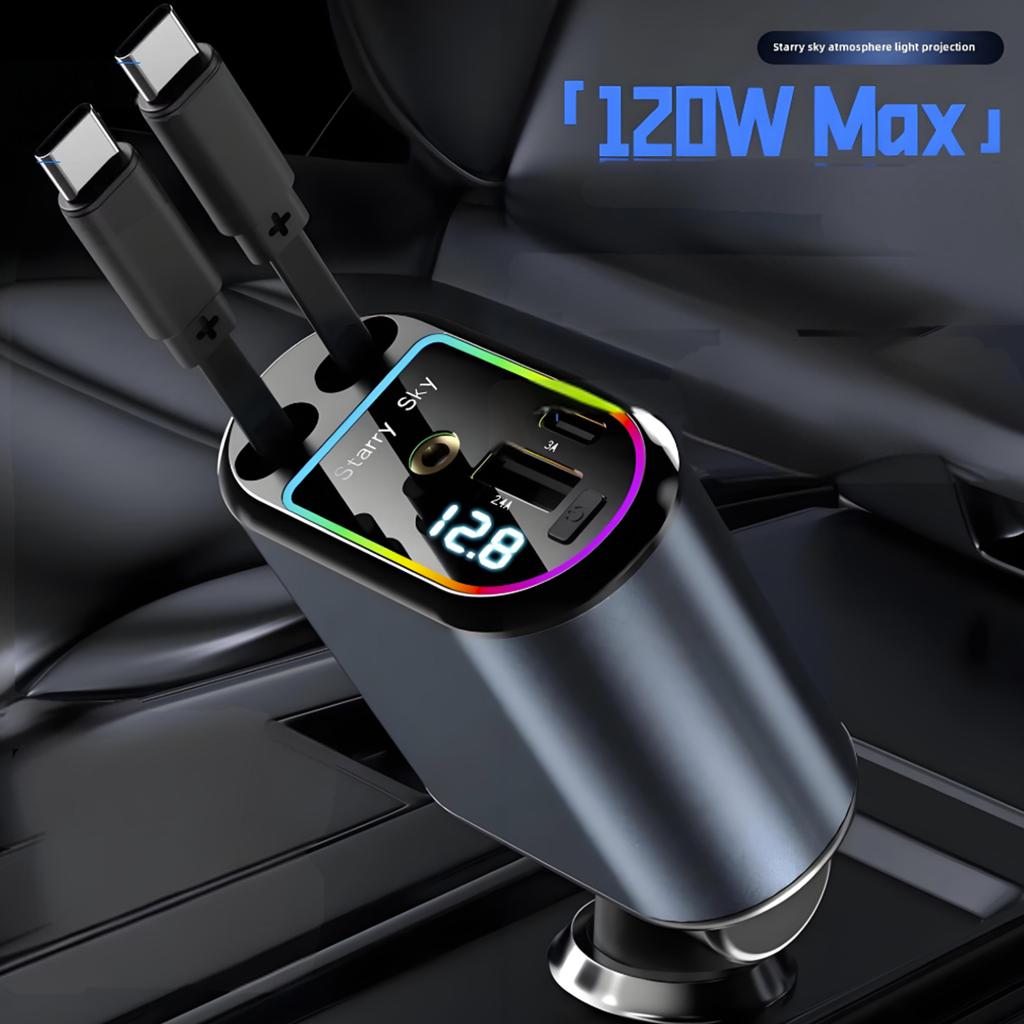 Retractable Car Charger 120W Starry Sky Top Projection Light Four-In-One Type-C+Lightning Dual Wires Usb+Pd Expansion Socket
