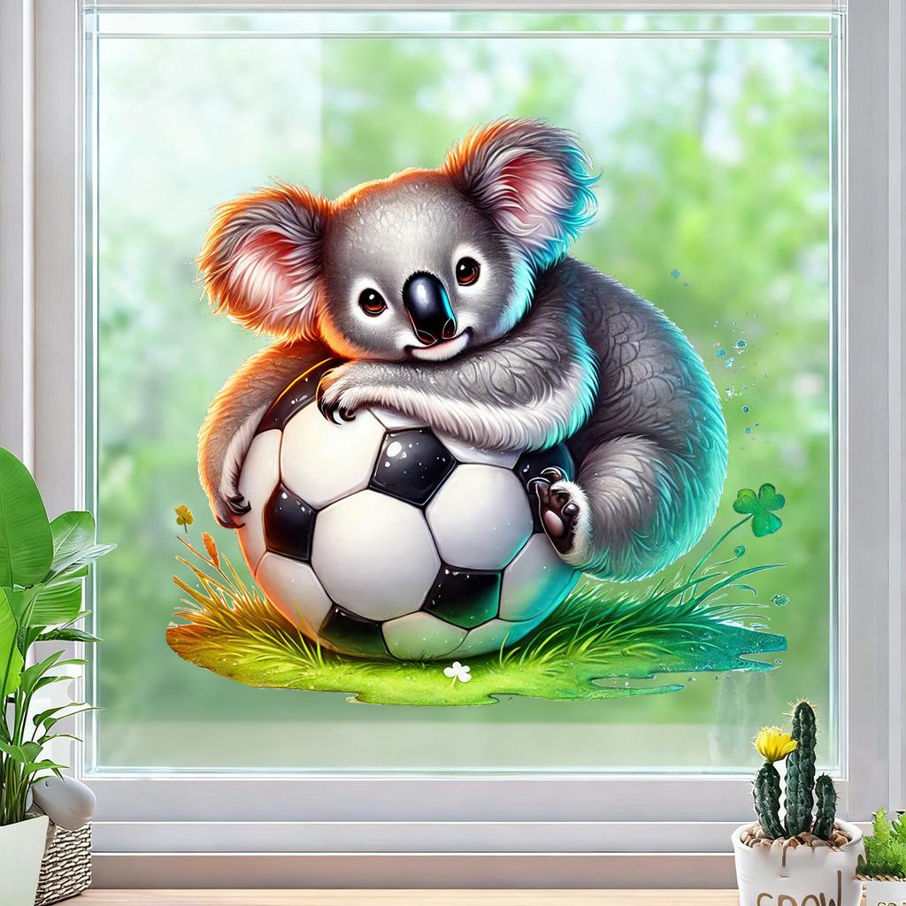 Creative Koala Hugging Football on Grass Static Cling Window Film Sticker for Bedroom Living Room Balcony Home Decor