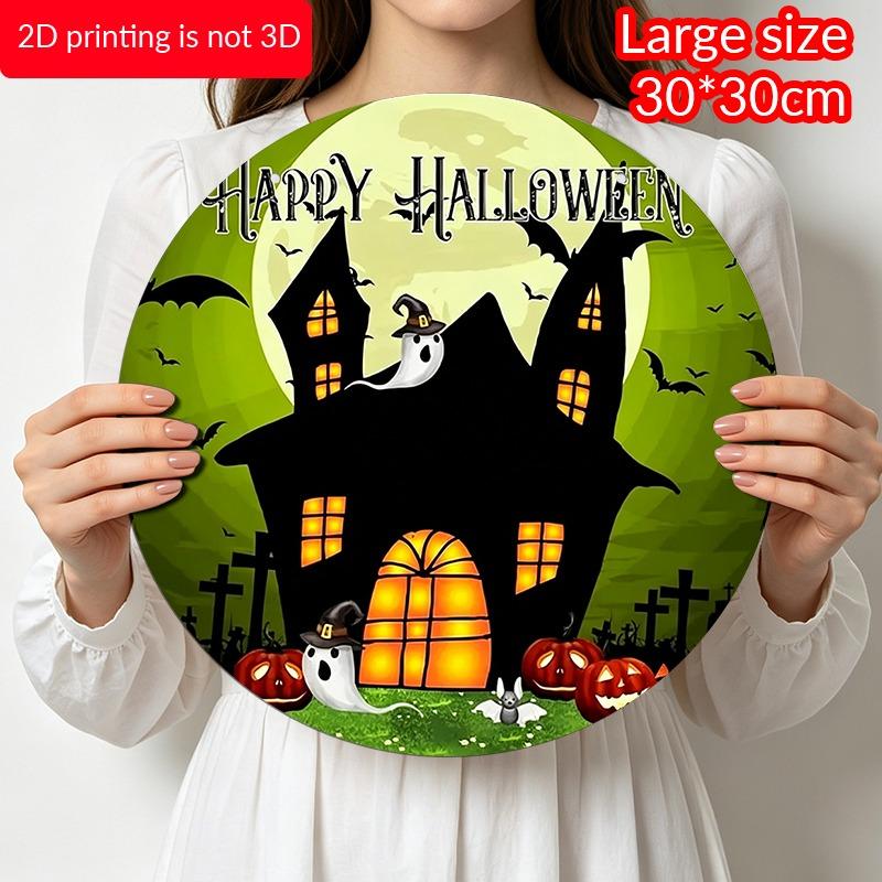 2D Flat Aluminum Decorative Plaques and Ornaments Sign, Halloween Hanging Wall Decor with Haunted Castle Ghost Pumpkin Design, Vintage Metal Sign for