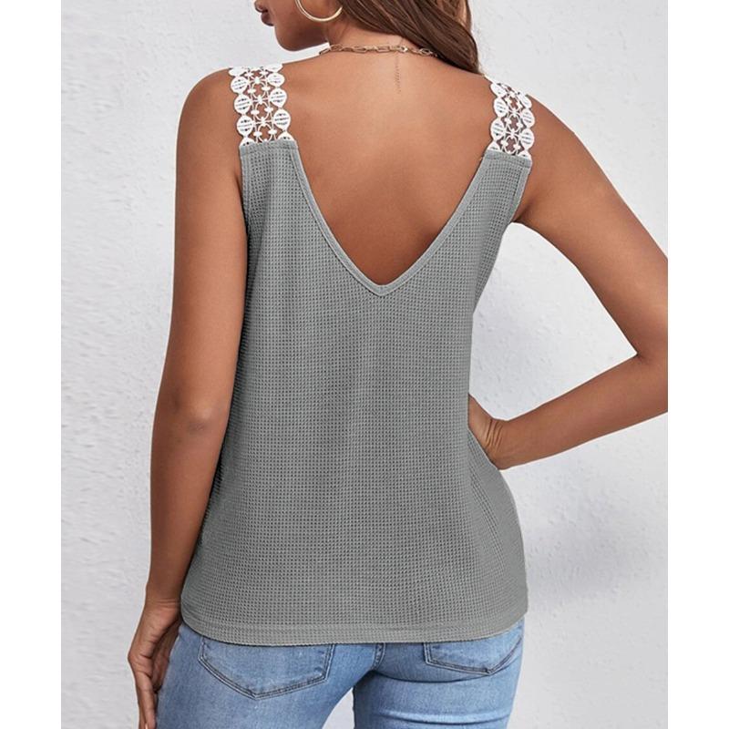Womens Waffle Knit V Neck Tank Top With Lace Trim Sleeveless Casual Solid Color Camisole