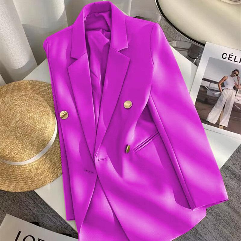 Women Long Sleeve Blazer Jacket Lapel Double Breasted Gold Button Loose Fit Office Casual Suit Outerwear Coat