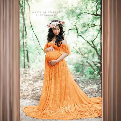 Europäisches & Amerikanisches Damen Spitzen-Flatterärmel Umstandsfotografie Kleid 8919