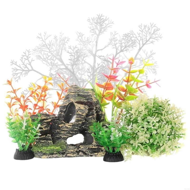 Fishtanks Scene Decoration with 7Pieces Artificial Fishtanks Plastic Plant and Cave Rock Aquariums Landscaping Coral Grass X3UC