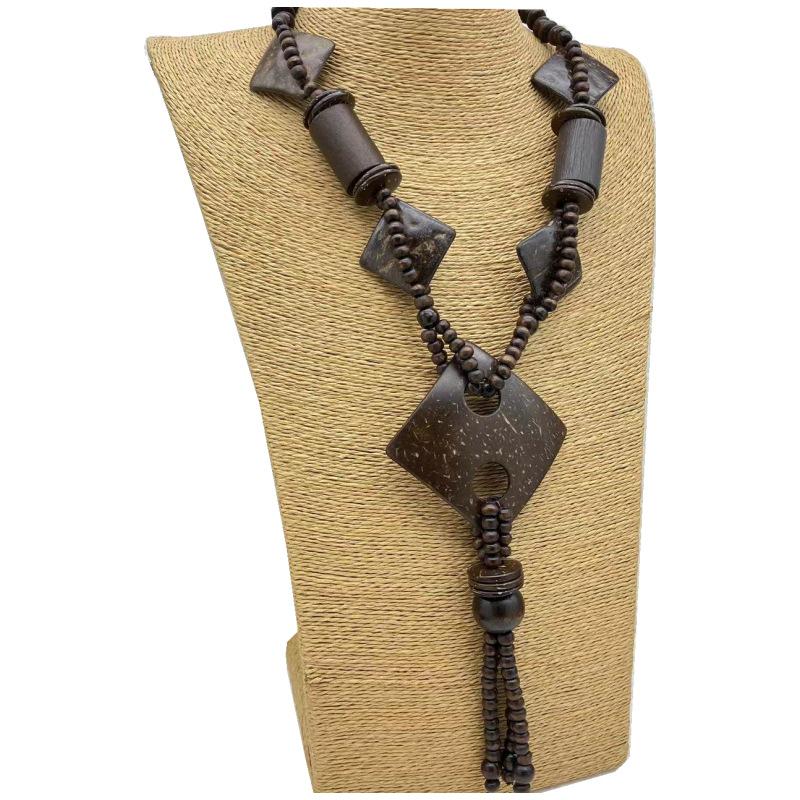 Retro Wooden Rhombus Long Necklace Ornament