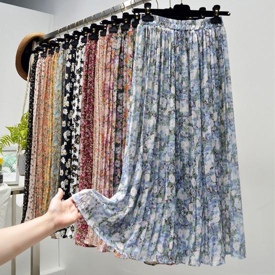 Blommig kjol Resår i midjan Utsökt mönster Extra mjuk Färgäkta Lös passform Uppklädd Polyester Sommar Blomtryckt Klänning Kvinnor Plisserad kjol
