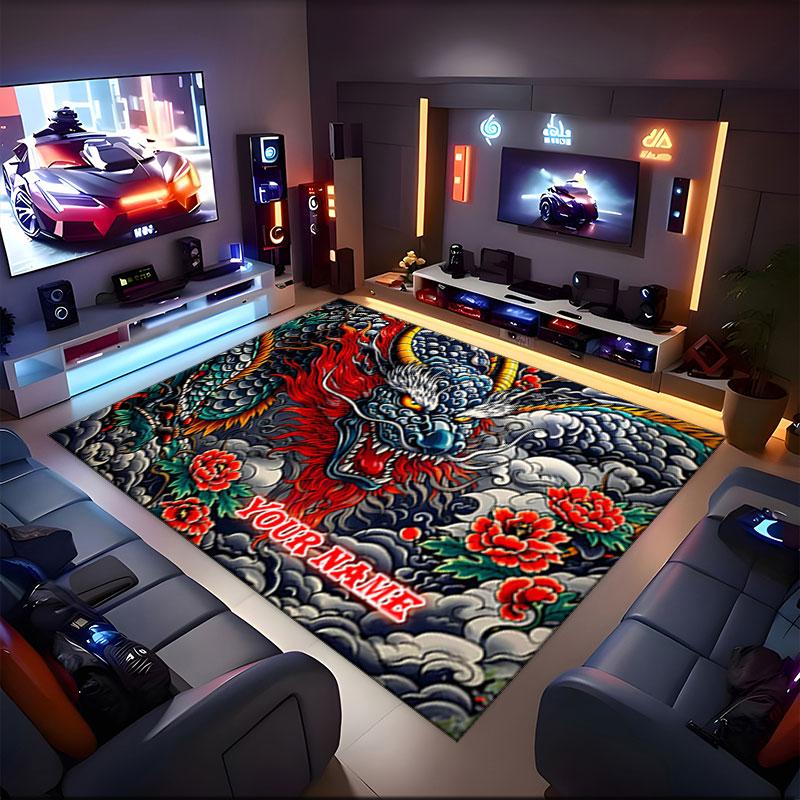 1PC Custom Name Dragon Tattoo Artwork Theme Floor Mat Ideal for Living Room, Game Rooms, Office, Bedroom,Floor Mat Playful Design