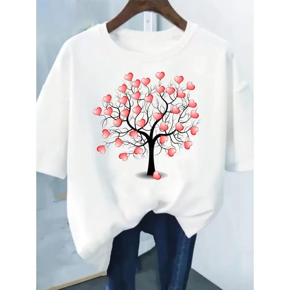 Flower Print Fashion Plant Trend Lovely print ladies T-shirt casual basics O-collar Black shirt short sleeve ladies T-shirts