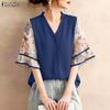 ZANZEA Women Casual V-Neck Splice Half Sleeve Loose Blouse