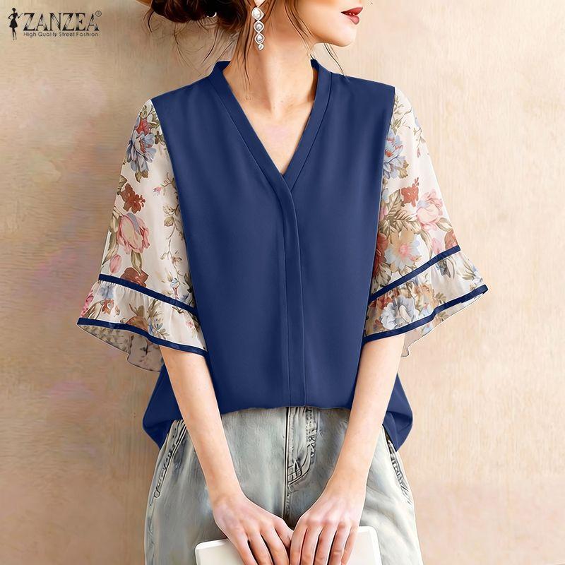 ZANZEA Women Casual V-Neck Splice Half Sleeve Loose Blouse
