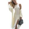 Autumn and winter European and American style hot sweater set women's loose extended version imitation mink cardigan + split skirt