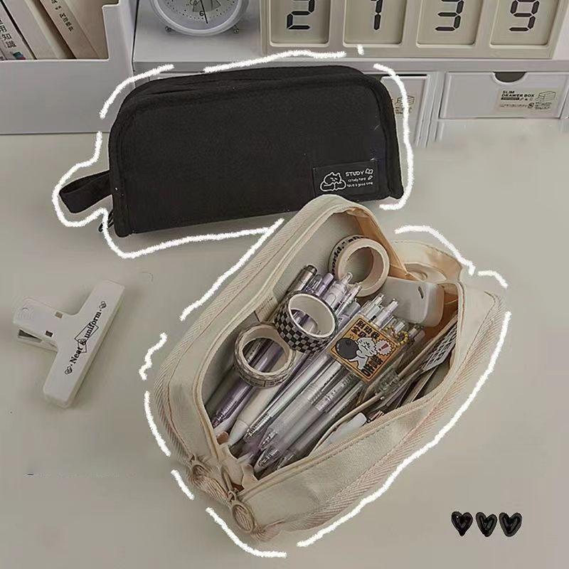 Simplicity Multifunctional Pencil Case Solid Color Canvas Pencil Bag High Capacity Stationery Storage Bag School Supplies