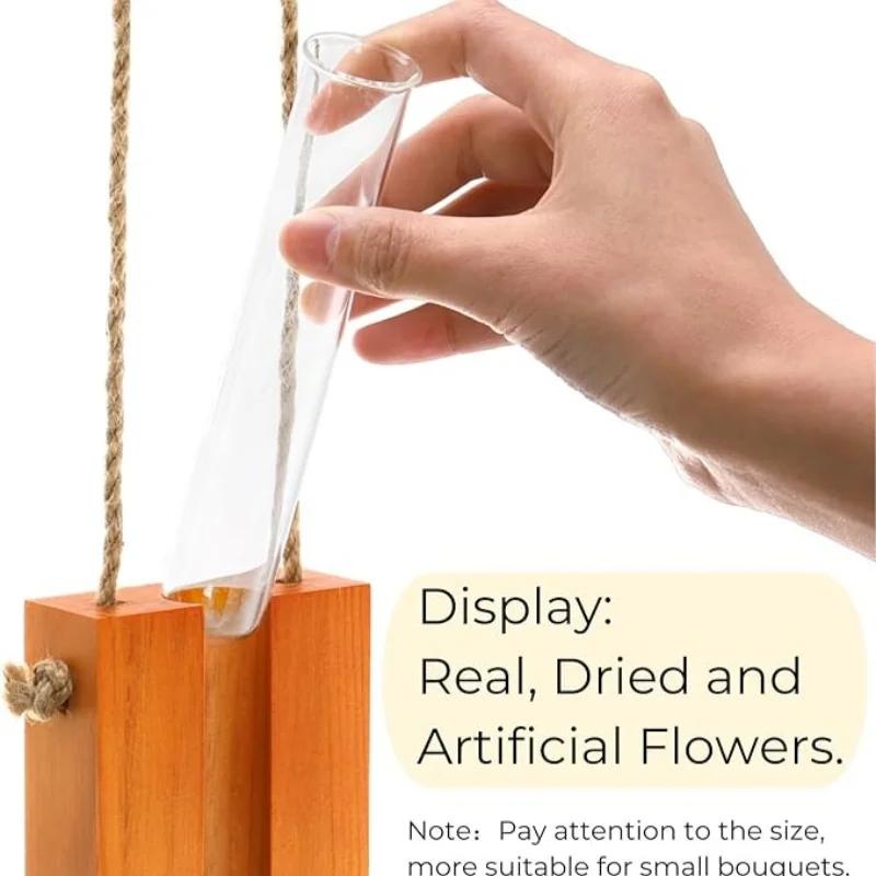 Wooden Hanging Planters Bohemia Wall Plant Propagation Terrarium Flower Tube Vase with Wood Stand, Indoor Propagator for Plants