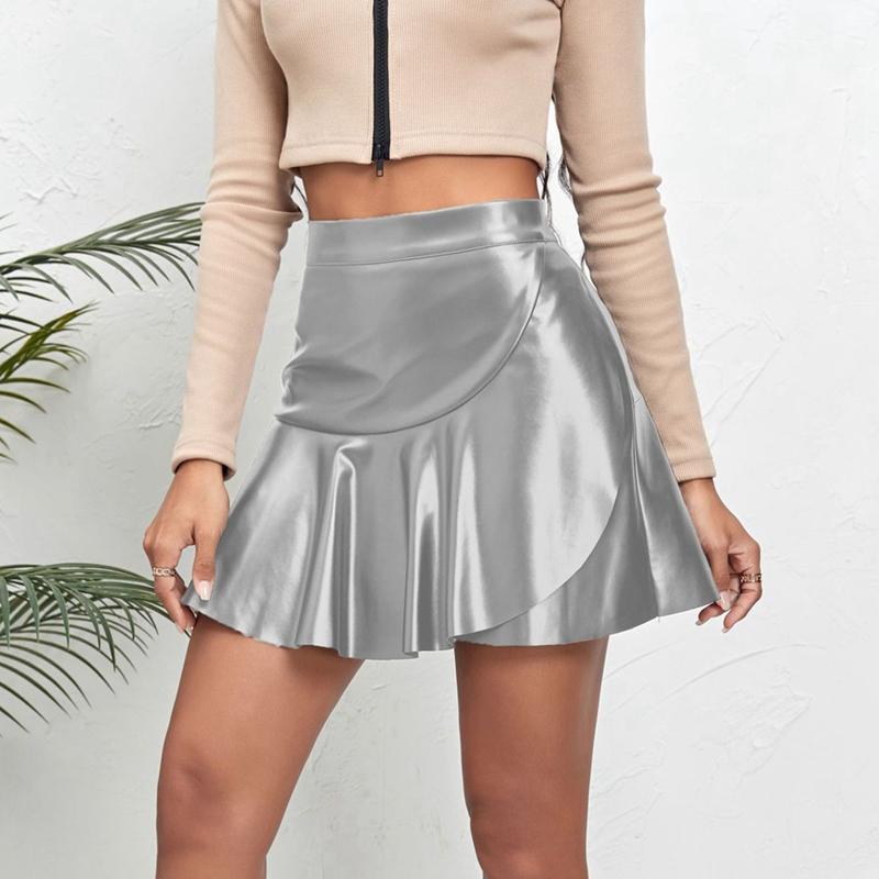 Women High Waist Ruffled PU Leather Skirt