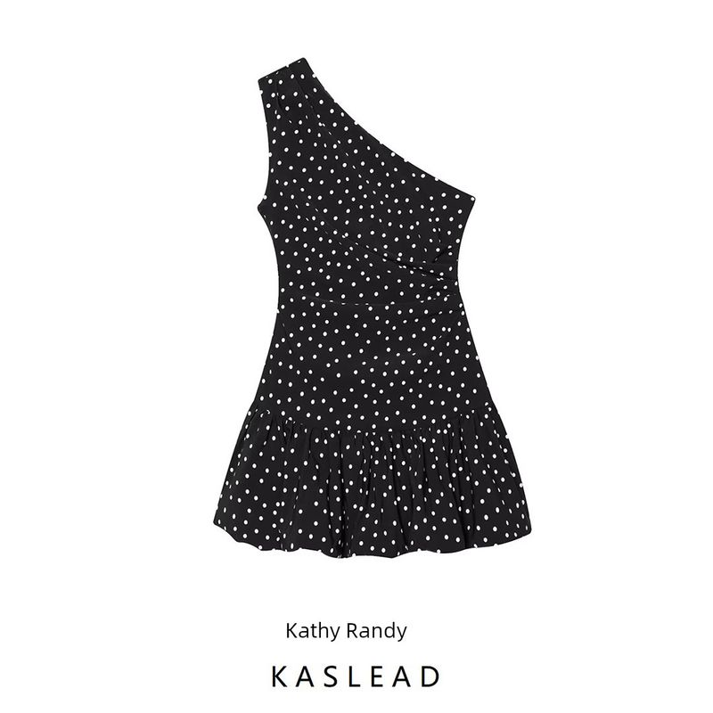 Kaslead New Arrival Women's Clothing Fashion Style Polka Dot Diagonal Shoulder Ruched Bud Dress 750014