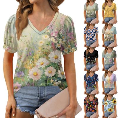 Women's Fashion Floral Print Top Puff Short Sleeve V-neck T-shirt Loose Casual T-shirt