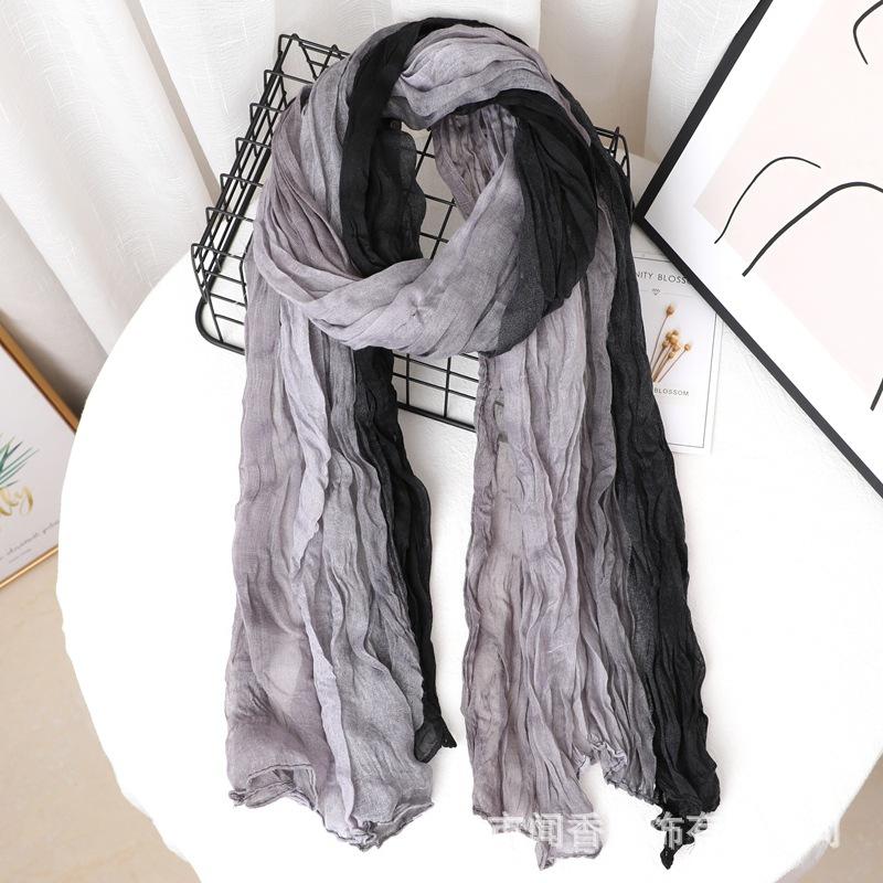 Contrast Color Cotton And Linen Wrinkled Scarf Female Literary And Artistic Fan Atmosphere Warm Silk Scarf Retro Gradual Change Color Scarf Shawl