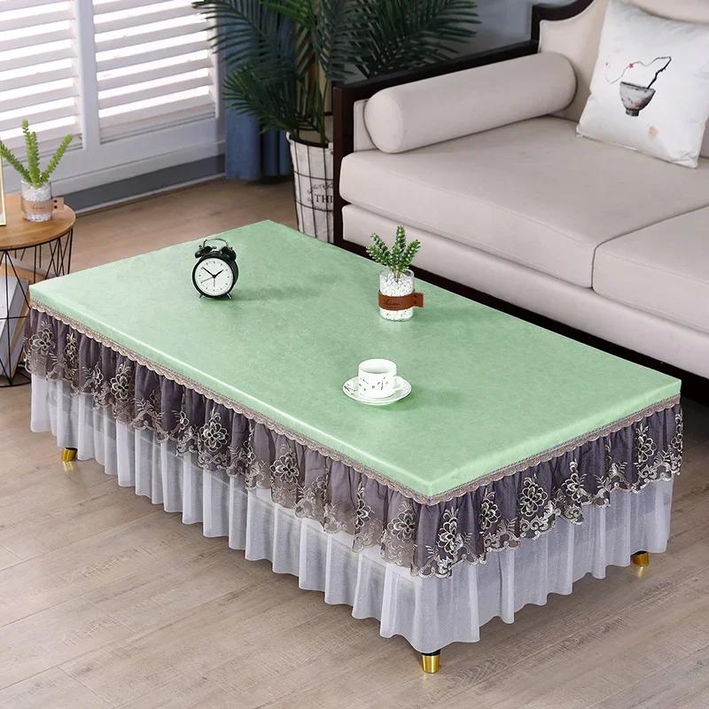 Waterproof Heat-resistant Table Cover Embroidered Lace Edge Leather Tablecloth Dining Table Chiffon Hem Oil Proof Dust Cover