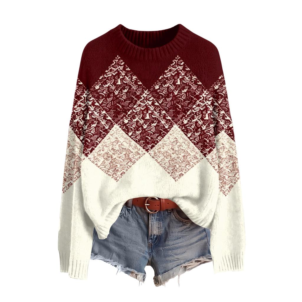 Women's Fall Winter Neck Long Sleeve Sweater - Soft Knit Printed Pullover