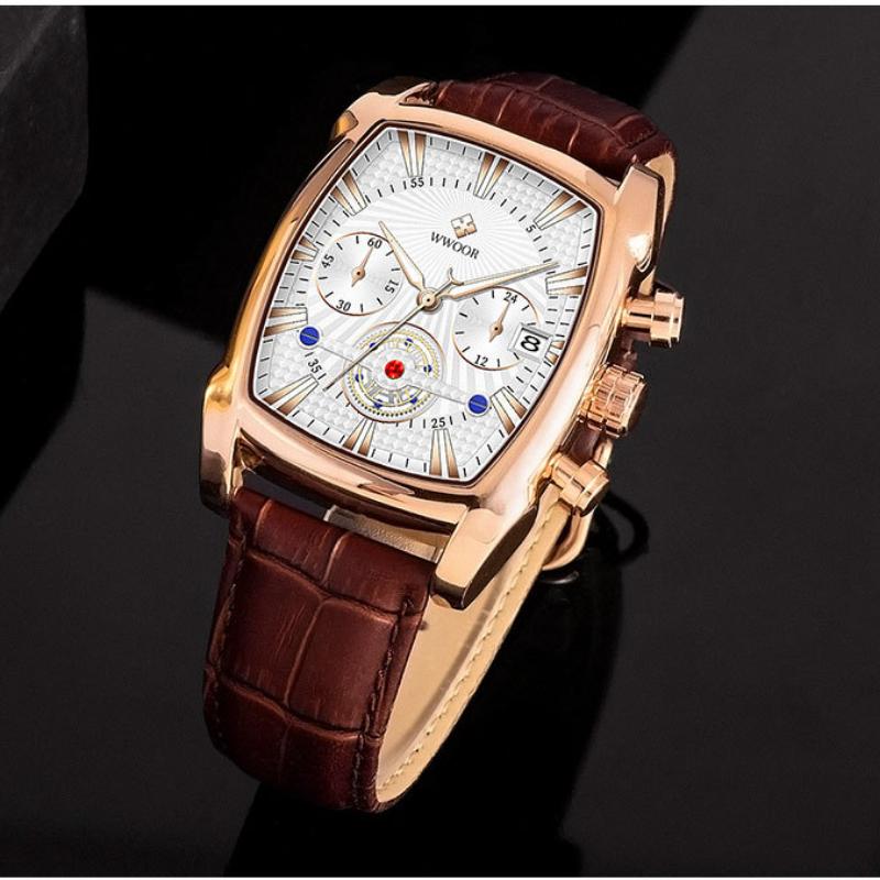 WWOOR Lederarmbanduhr Business New Concept Herrenarmbanduhr Wasserdicht Leuchtende Nadel Quarzuhr