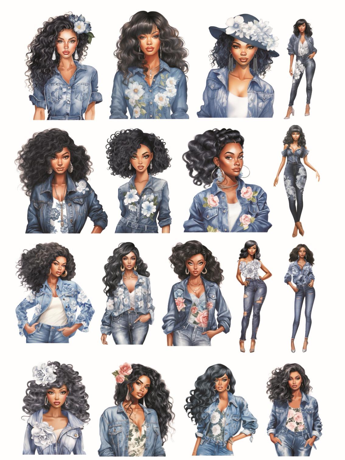 

1 set Watercolor Fashionable denim clothing, African black pearl beauty Stickers Decorative Labels Scrapbooking Junk Journal білий