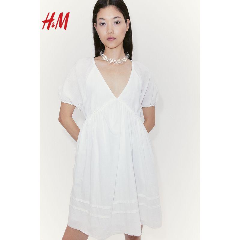 

HM Women s Summer Cotton Puff Sleeves Shoelace Design Wrinkle Slip-on Dress 1216647 White 170/116A