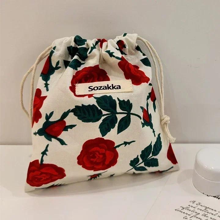 Floral Print Drawstring Coin Purse for Children Girls Makeup Bag Travel Organizer Keys Earphone Bag Makeup Pouch Cute Mini Purse
