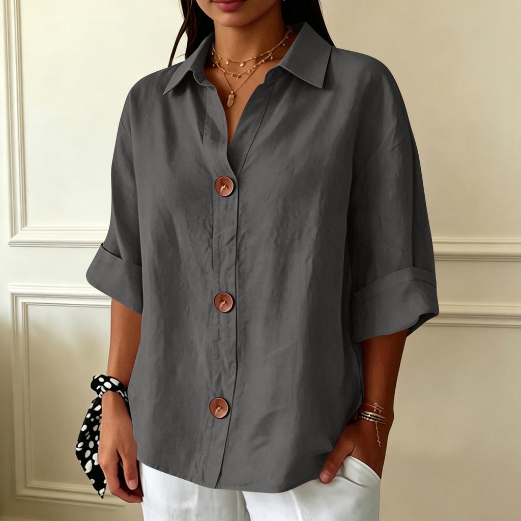 Women's Casual Loose Fit Button Down Shirt Three Quarter Sleeve Collared Blouse Lightweight Soft Fabric Relaxed Style