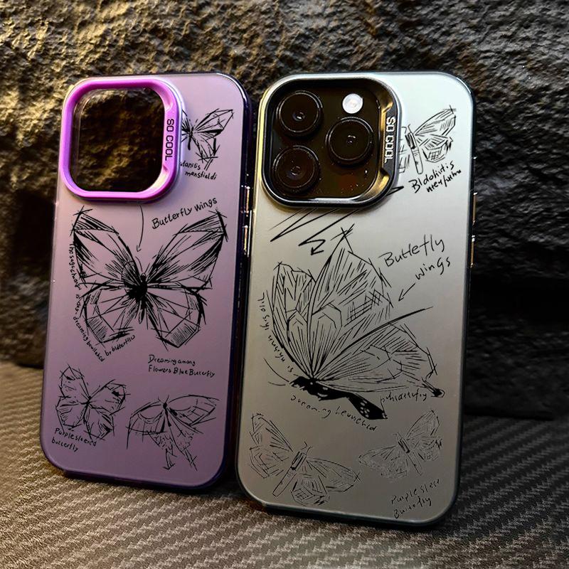 Sketch Lines Butterfly Electroplate Silver IMD Case For iPhone 15 16 Pro Max 14 13 12 11 Pro X XS 7 8 Plus Shockproof Back Cover