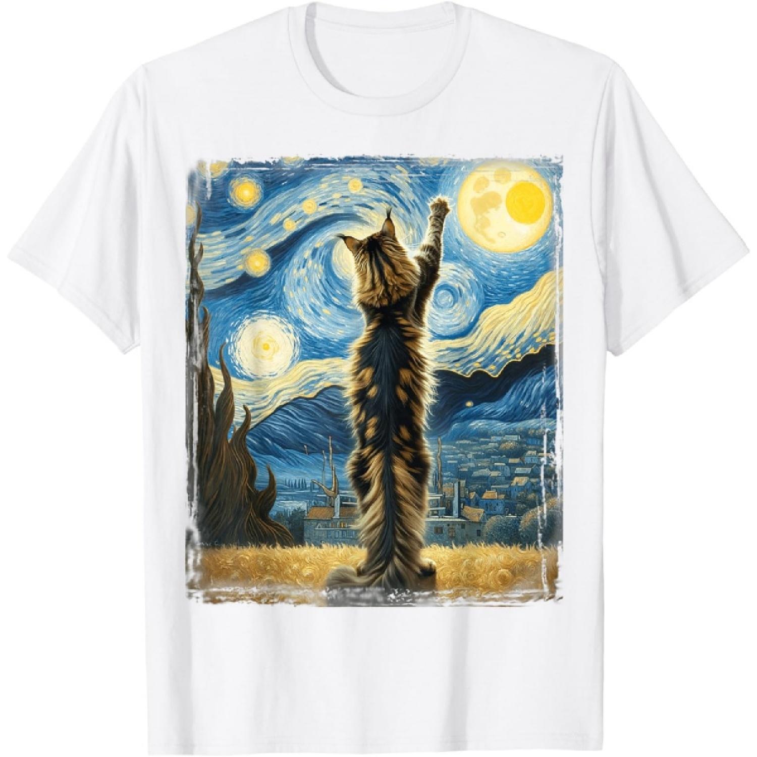 Van Gogh Starry Night Style Artistic Maine Coon Cat Men Women Kids T-Shirt XXXXXL белый