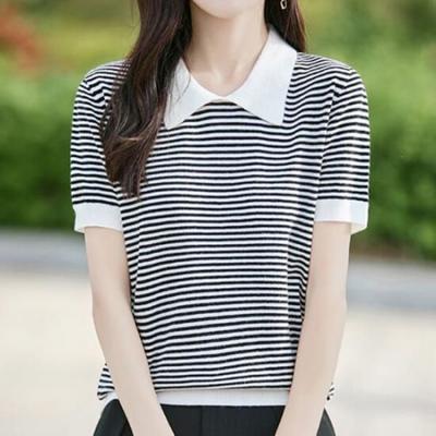 Navava Women Casual STripe Collar ShorT Sleeve KniT T shirT Nk2975