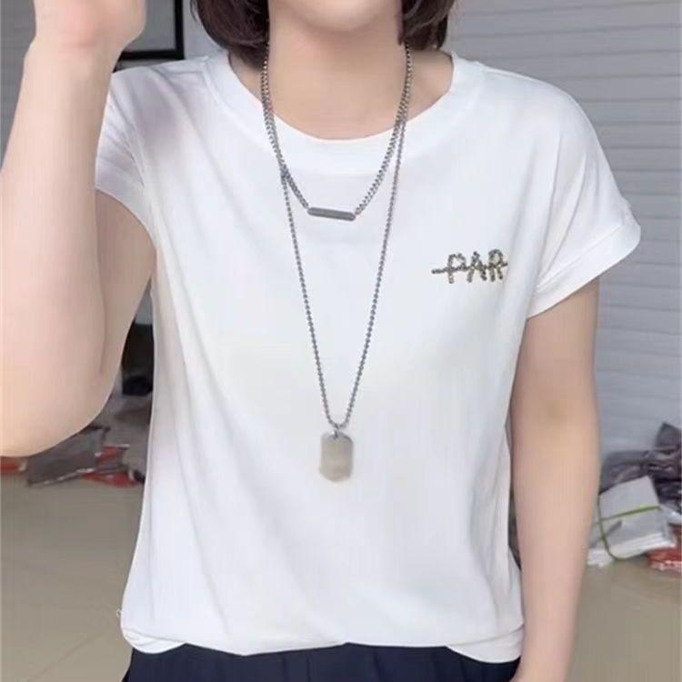 

2025 summer fashion hot diamond letter short-sleeved t-shirt women s casual loose and thin solid color versatile age-reducing top tide 4XL білий