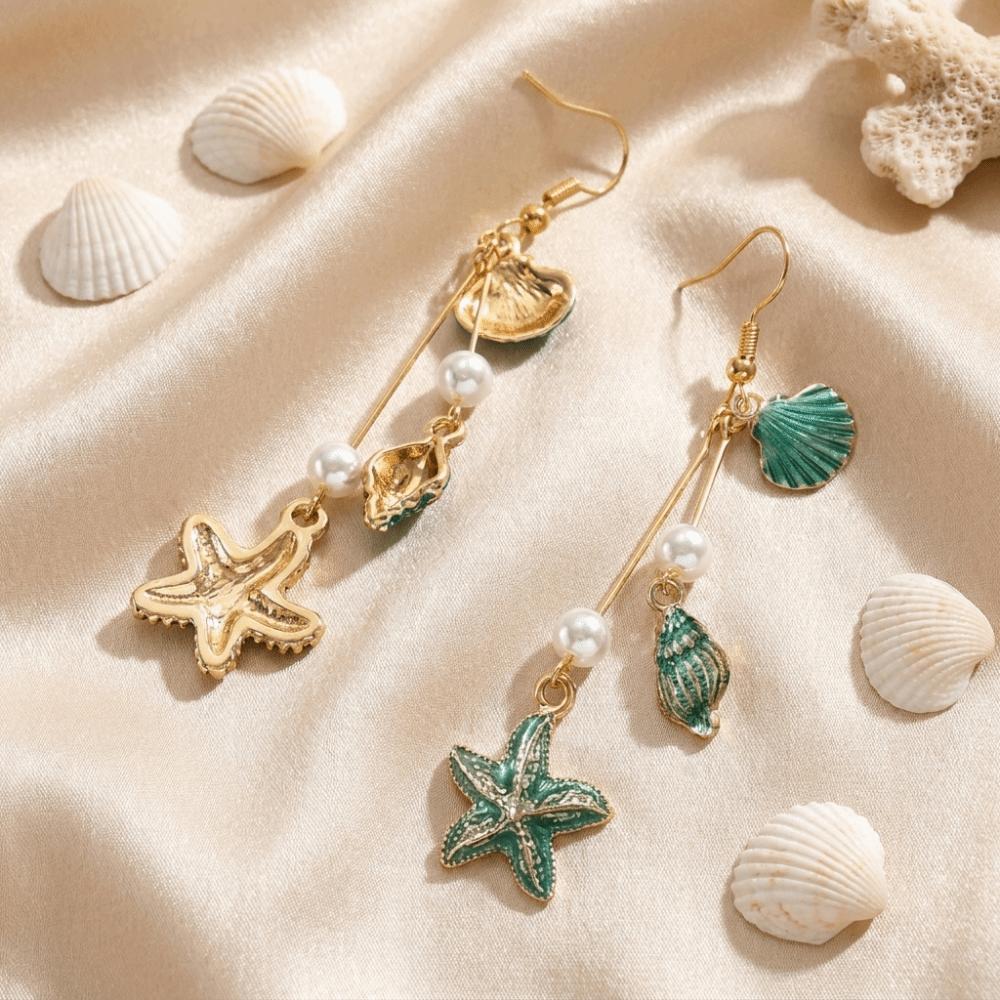 Bohemian Style Alloy Starfish Drop Earrings Conch Shell Long Tassel Earrings Geometric Shape Elegant Enamel Earrings Vacation