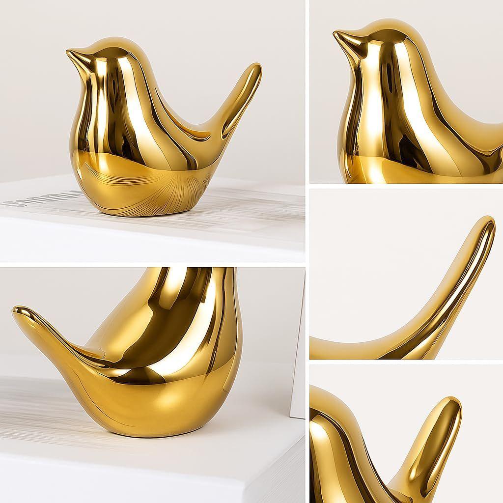 Ceramic Golden Blessing Birds Figurine for Home Decor | Living Room, Bedroom, Office Desk, Cabinets - (Pack of 2, Golden)