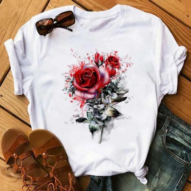 Women's Red Lips And Leopard Print T-Shirt Y2k Fashion Casual Round Neck Short-Sleeved Summer Women's Clothing Tees