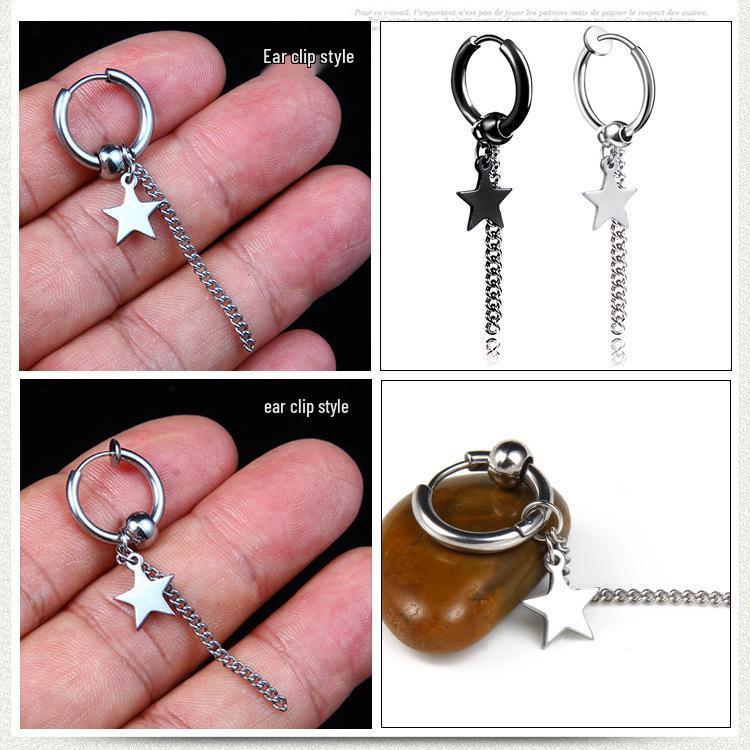 Baoshali Titanium Steel Star Tassel Ear Hoops: Trendy No-Piercing Men's Earrings