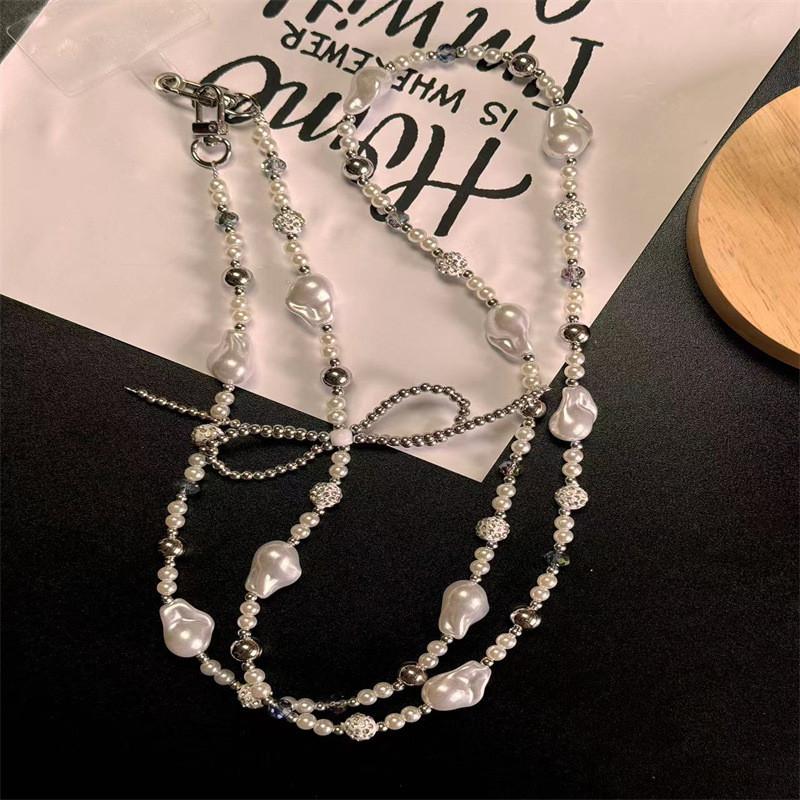 Silver Pearl Bow Diamond Ball Phone Lanyard With Pvc Strap For Women And Men