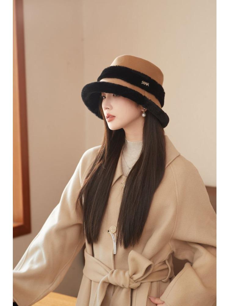 Autumn and Winter Thickened Plush Splicing Bucket Hat Women's Ear Protector Hat Basin Hat for Casual & Formal Outfits, Cold Weather Gear