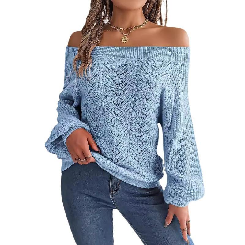 Fashion Off-the-shoulder Pullover Hollow Out Women Sweater Autumn Casual Knitted Tops Long Sleeve Loose Casual Solid Color One-word Collar Sweaters