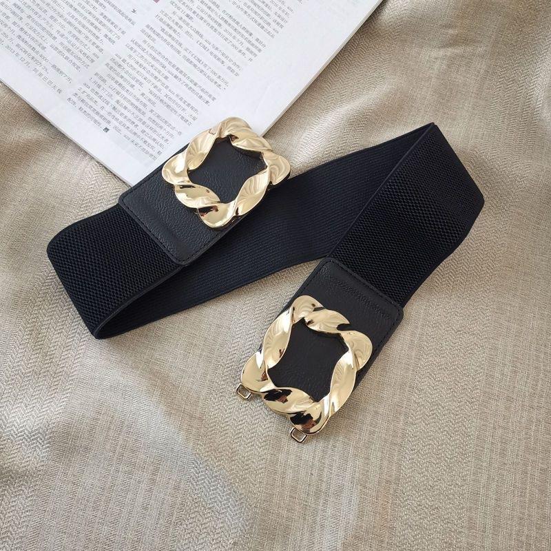 Gold Square Buckle Belt Women's Wide Decorative Jacket with Skirt Sweater Belt Elastic Simple Versatile Waist Seal Accessories Black