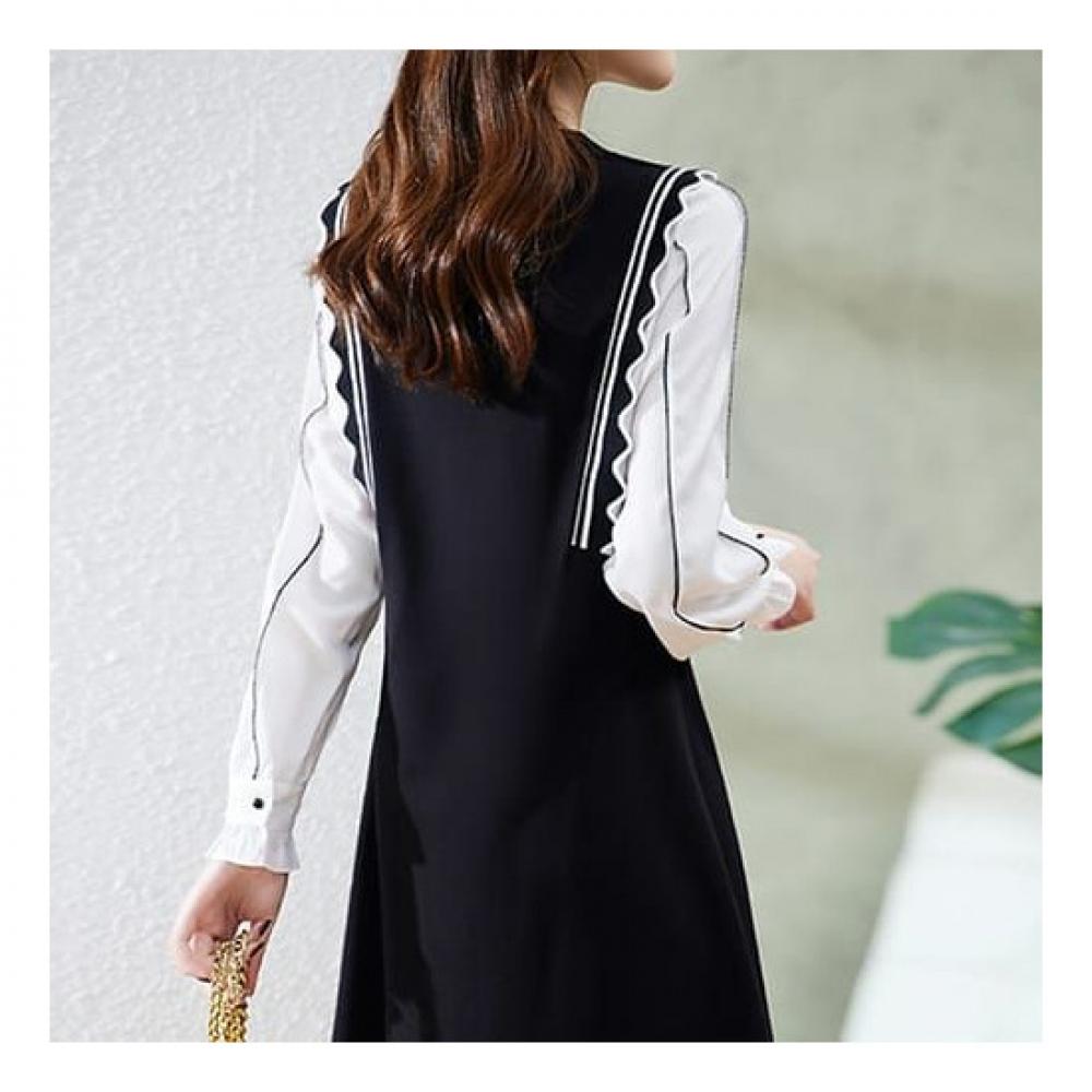 Navava Women Colorblock Round Neck Long Sleeve Dress No722