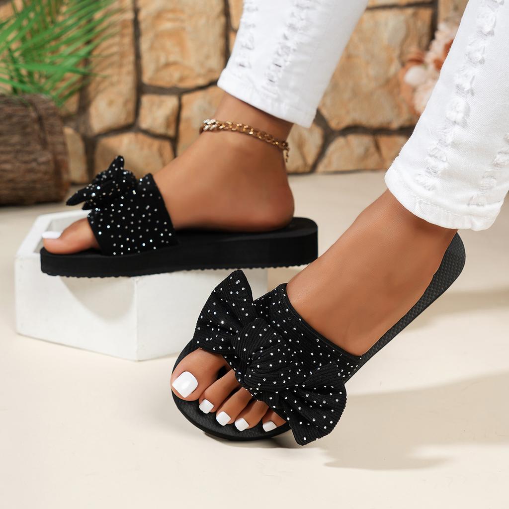Damen Elegante Mode Flache Schleifen-Slipper Schwarz Bequem Vielseitig Wunderschön Strass Urlaub Coole Slipper