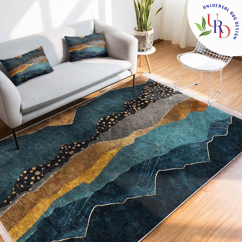 

Turquoise Gold Rug Abstract Area Carpet Cozy Design Rug Fringed Mat 60*90cm