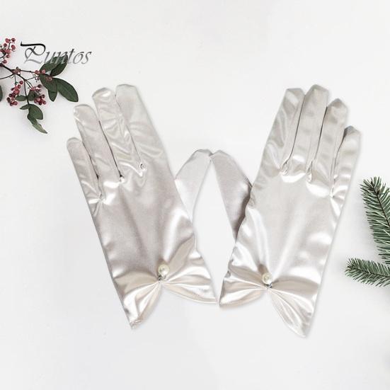 1 paio di guanti da sposa da sposa plissettati lisci in raso antiscivolo con decorazioni in perle finte elastiche di colore puro per ballo, banchetto, cocktail party, guanti da donna