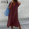 HNXC Women's Fashion Summer Spring Solid Color Print Short Sleeve V-Neck High Waist Casual Dresses