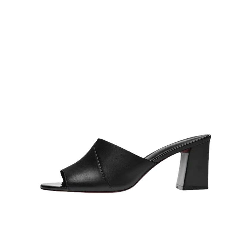 2025 Summer Casual Outer Wear Women's Cool Slippers European and American Simple Thick Heel Fish Mouth Women's High Heel One-word Drag Foreign Trade