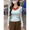 Kumikumi Pure Desire Style Sexy Temperament Fake Two Pieces Long sleeve Knit Women Autumn Waist Hugging Slimming Versatile Top