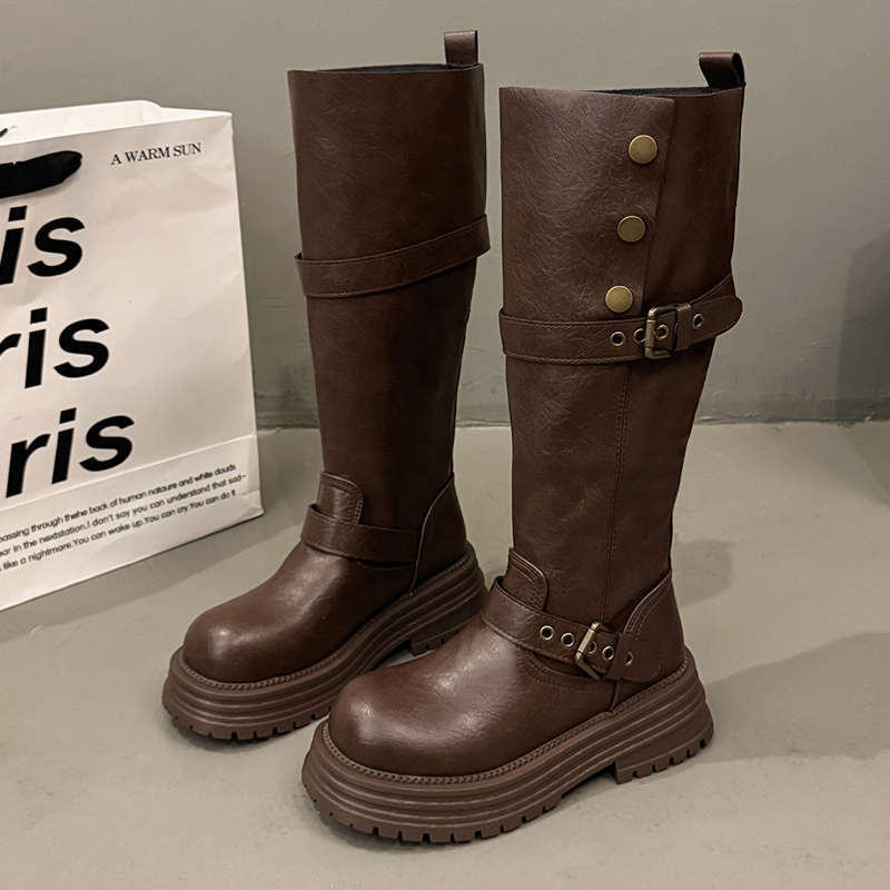 

Коричневые ретро британский стиль толстый каблук платформа сапоги женские 2025 новый осенний но до колена рыцарские сапоги 40 коричневый