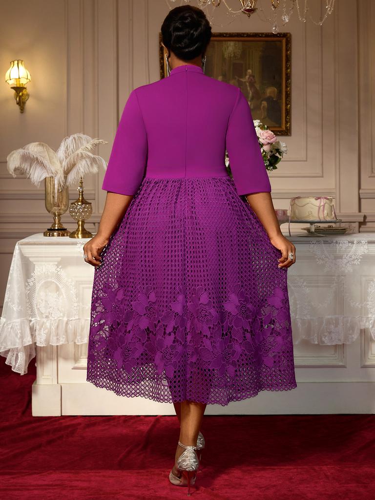 Elegant Women Plus Size Half High Neck 3/4 Sleeves A Line Midi Dresses with Floral Lace Hem for Church Events and Elegant Gatherings