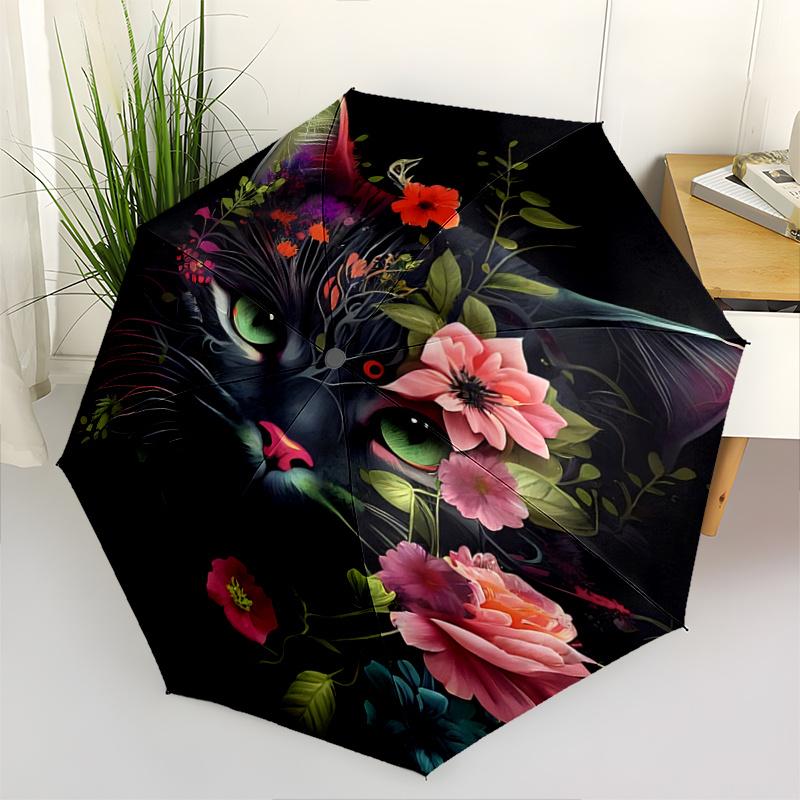 1pc Domineering BlackCat & Flowers Pattern Automatic 3-Fold Umbrella, 8 Iron Frames, High-Value Folding Umbrella, Suitable for Office, Trave