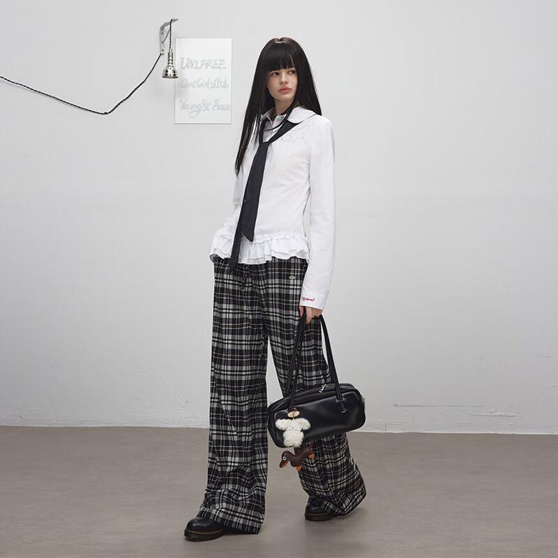 unifree Retro Plaid Brushed Wide-Leg Casual Pants